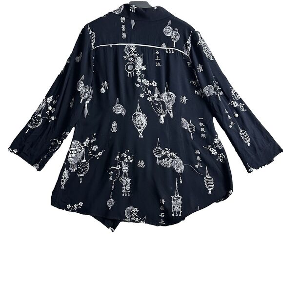 Soft Surroundings Womens Tunic Top M Asymmetrical Black Lantern Print Rayon Boho - Picture 10 of 15